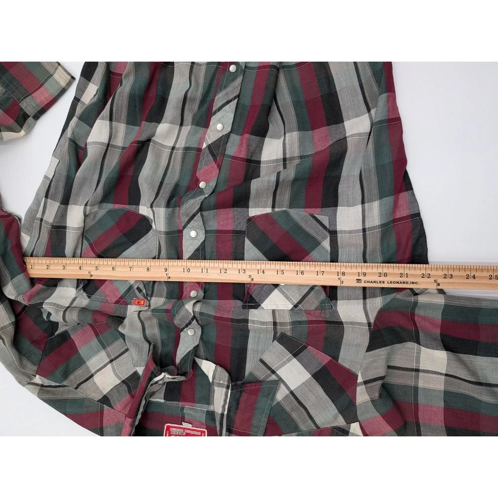 Ely Plains Vintage Western Pearl Snap Plaid Shirt Burgundy Green Mens 16.5 x‎ 34